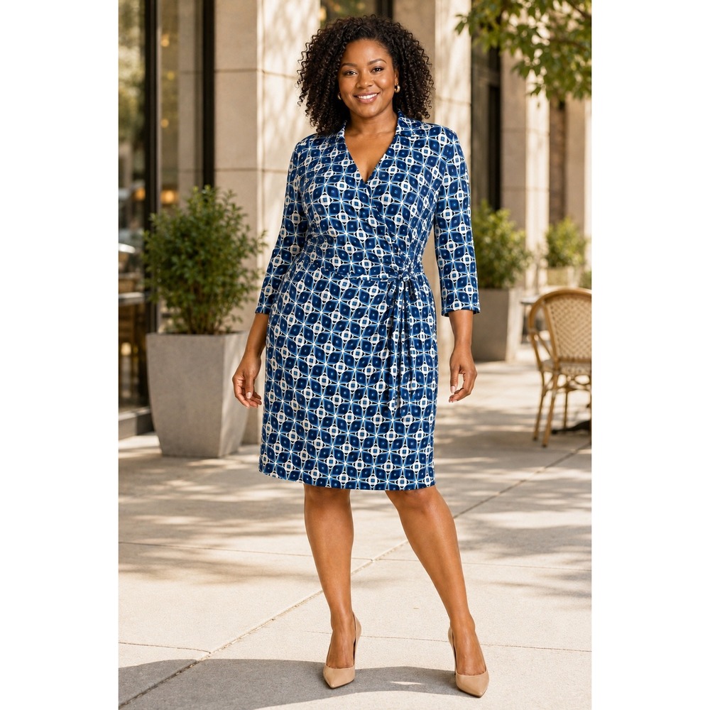 Maggy London Size 14 Blue Geometric Faux Wrap Stretch Career Dress